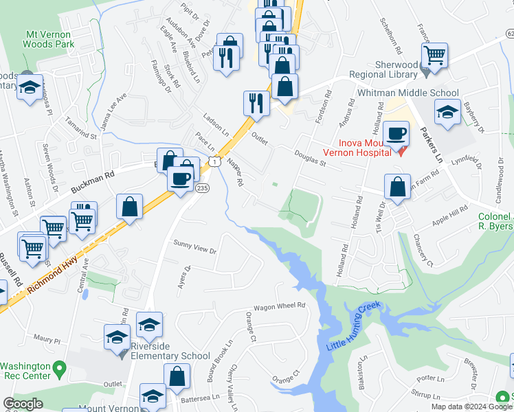 map of restaurants, bars, coffee shops, grocery stores, and more near 3130 Brosar Court in Alexandria