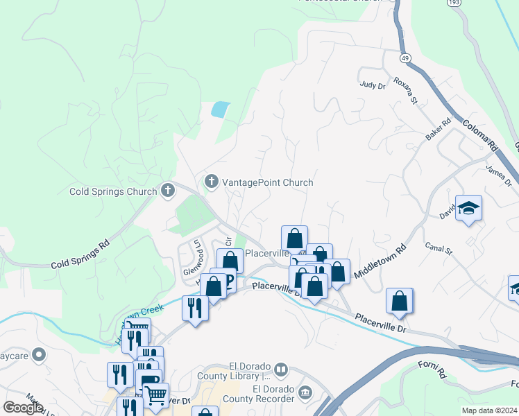 map of restaurants, bars, coffee shops, grocery stores, and more near 2735 Woodridge Court in Placerville