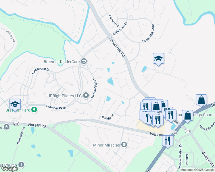 map of restaurants, bars, coffee shops, grocery stores, and more near 12172 Rain Slicker Place in Nokesville