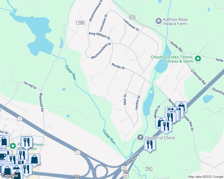 map of restaurants, bars, coffee shops, grocery stores, and more near 7241 Mecklenburg Drive in Warrenton