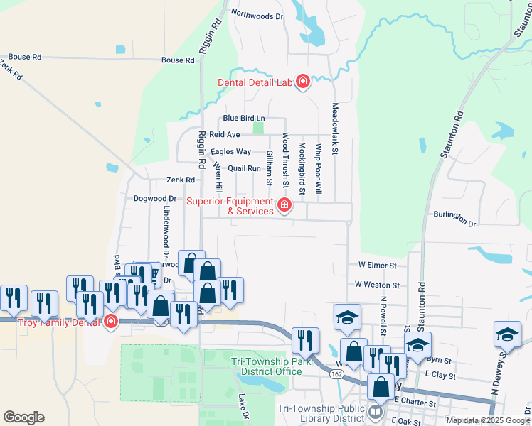 map of restaurants, bars, coffee shops, grocery stores, and more near 411 Meadow Drive in Troy
