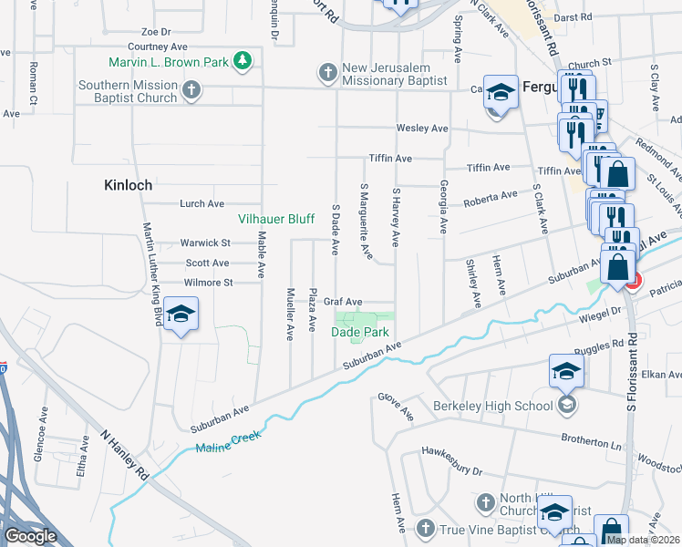 map of restaurants, bars, coffee shops, grocery stores, and more near 338 South Dade Avenue in Ferguson