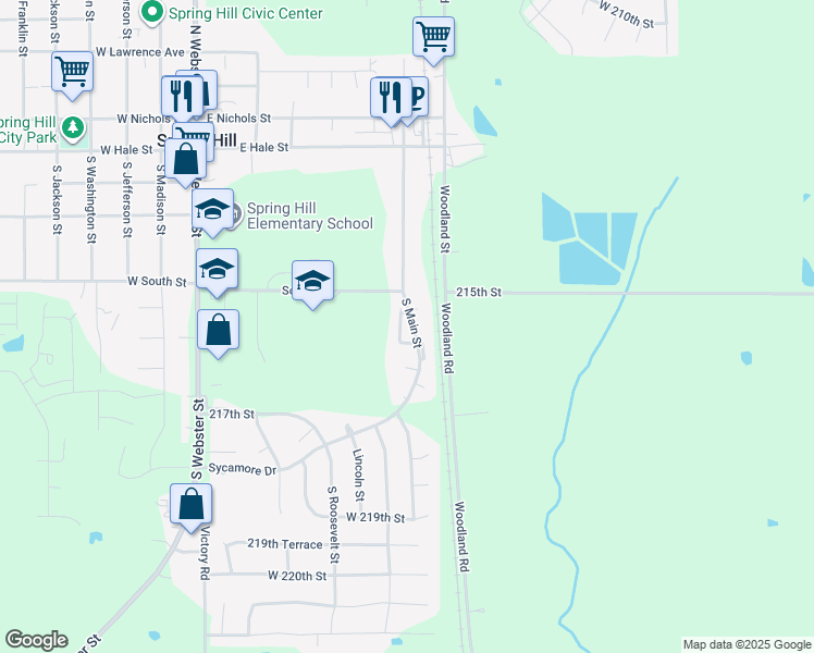 map of restaurants, bars, coffee shops, grocery stores, and more near 21511 Main Street in Spring Hill