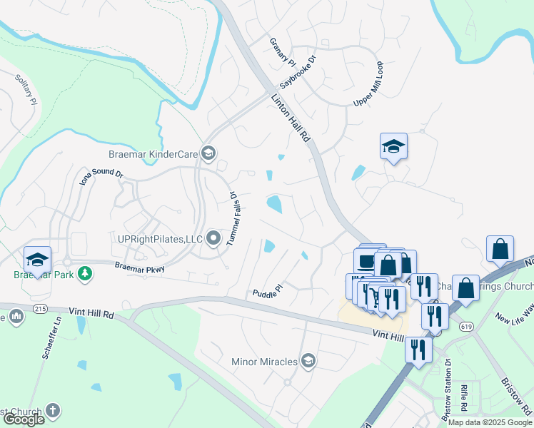 map of restaurants, bars, coffee shops, grocery stores, and more near 12172 Rain Slicker Place in Nokesville