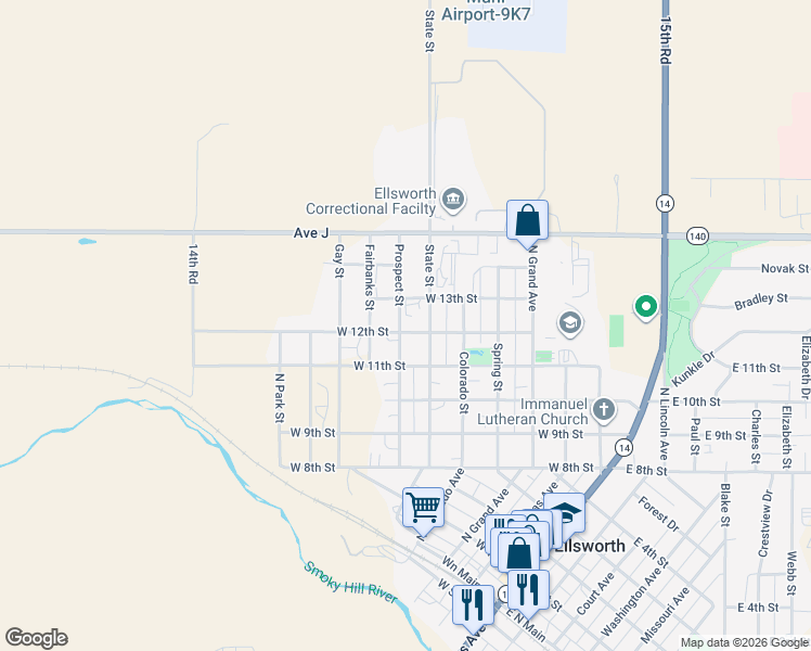 map of restaurants, bars, coffee shops, grocery stores, and more near 601 West 12th Street in Ellsworth