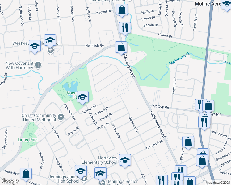 map of restaurants, bars, coffee shops, grocery stores, and more near 9150 Hemis Fair Drive in St. Louis