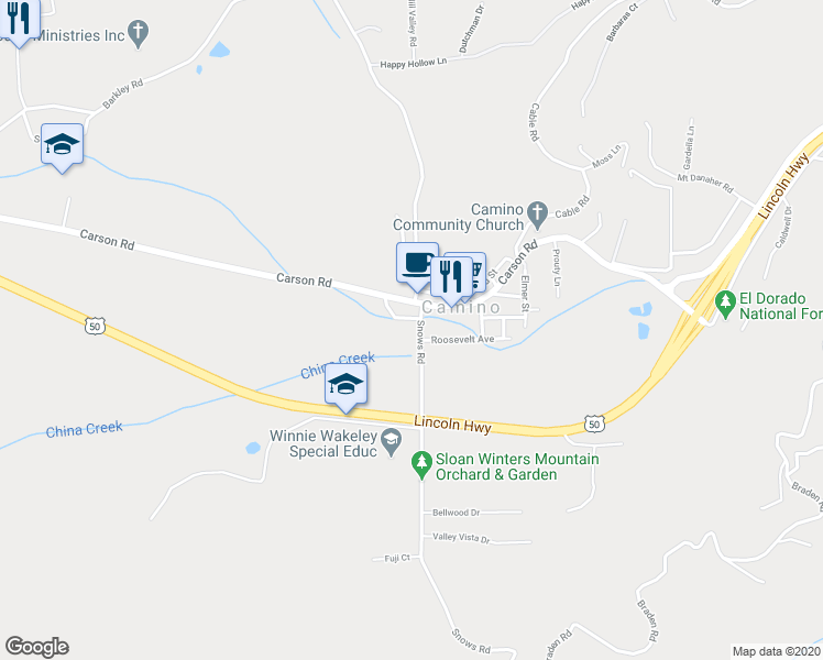map of restaurants, bars, coffee shops, grocery stores, and more near 2936 Snows Road in Camino