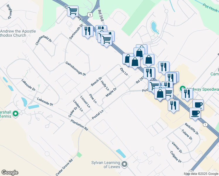 map of restaurants, bars, coffee shops, grocery stores, and more near 18249 Holly Lane in Lewes