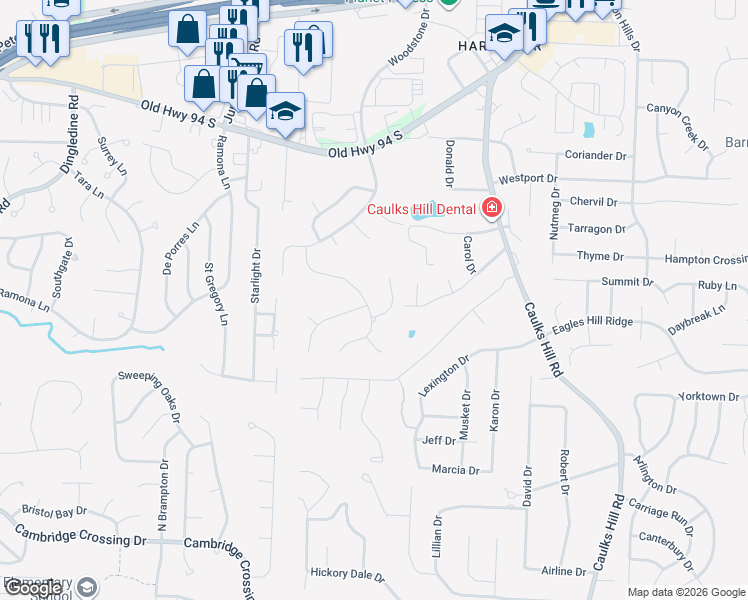 map of restaurants, bars, coffee shops, grocery stores, and more near 1232 Sandstone Drive in Saint Charles