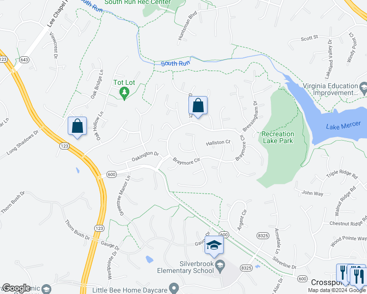 map of restaurants, bars, coffee shops, grocery stores, and more near 9410 Ravina Court in Fairfax Station