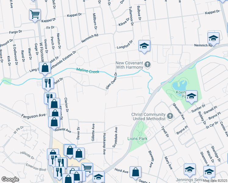 map of restaurants, bars, coffee shops, grocery stores, and more near 2675 Daman Court in Saint Louis