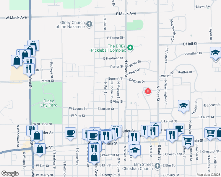 map of restaurants, bars, coffee shops, grocery stores, and more near 801 North Boone Street in Olney