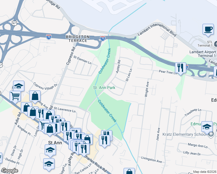 map of restaurants, bars, coffee shops, grocery stores, and more near 4300 Ashby Road in Saint Ann