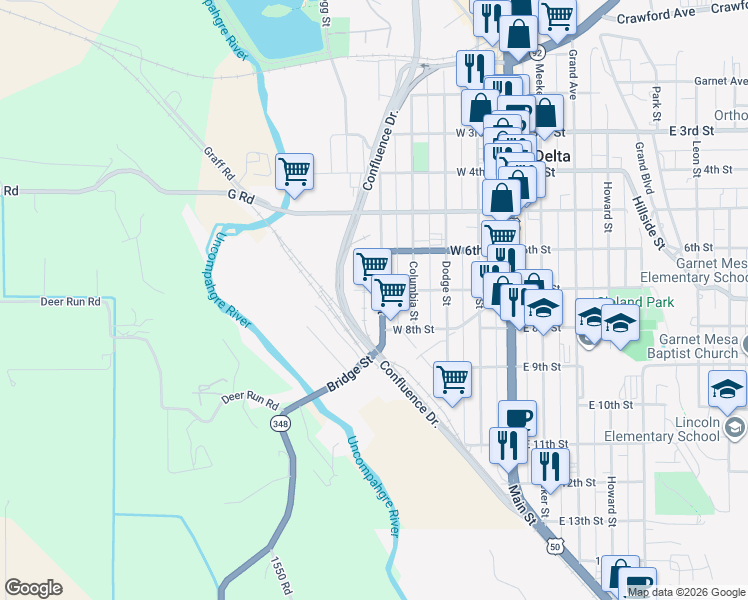 map of restaurants, bars, coffee shops, grocery stores, and more near 701 Silver Street in Delta