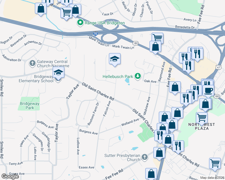 map of restaurants, bars, coffee shops, grocery stores, and more near 3645 Varwig Ln in Bridgeton