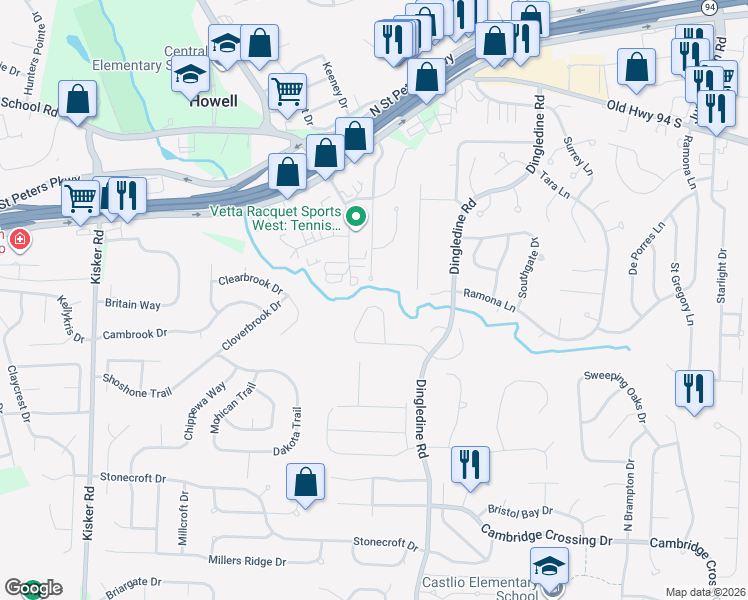 map of restaurants, bars, coffee shops, grocery stores, and more near 1355 Pine Bluff Drive in Saint Charles