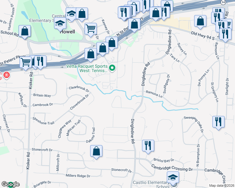 map of restaurants, bars, coffee shops, grocery stores, and more near 1355 Pine Bluff Drive in Saint Charles