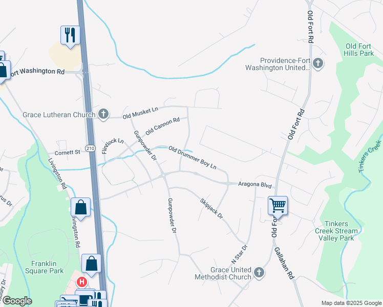 map of restaurants, bars, coffee shops, grocery stores, and more near 1502 Old Drummer Boy Lane in Fort Washington