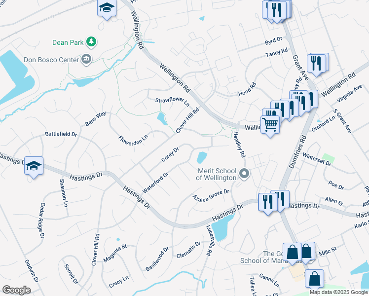 map of restaurants, bars, coffee shops, grocery stores, and more near 9423 Corey Drive in Manassas