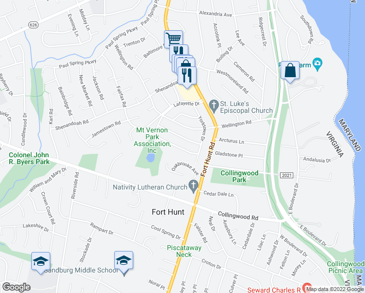 map of restaurants, bars, coffee shops, grocery stores, and more near 8061 Fairfax Road in Alexandria