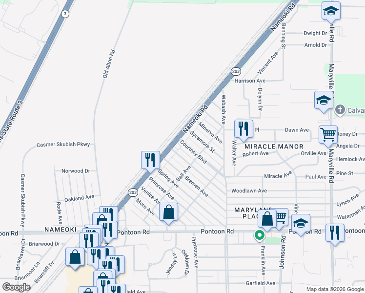 map of restaurants, bars, coffee shops, grocery stores, and more near 1604 Courtney Boulevard in Granite City