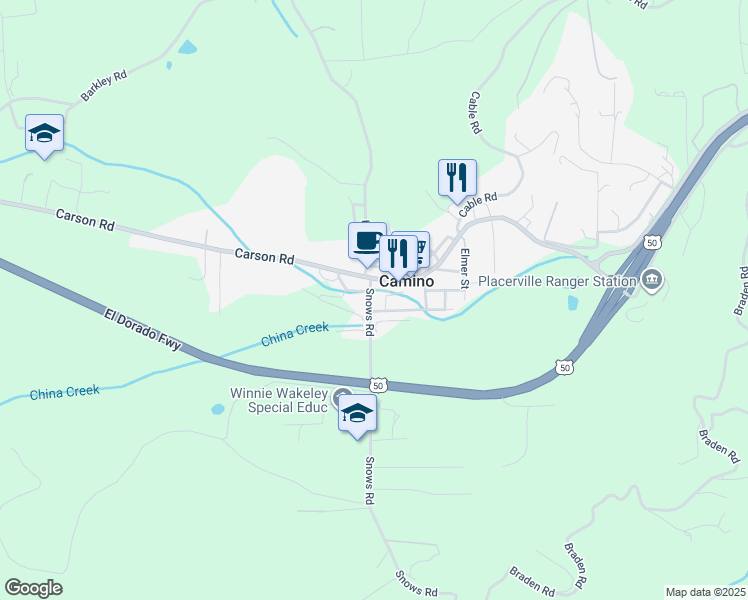 map of restaurants, bars, coffee shops, grocery stores, and more near 2936 Snows Road in Camino