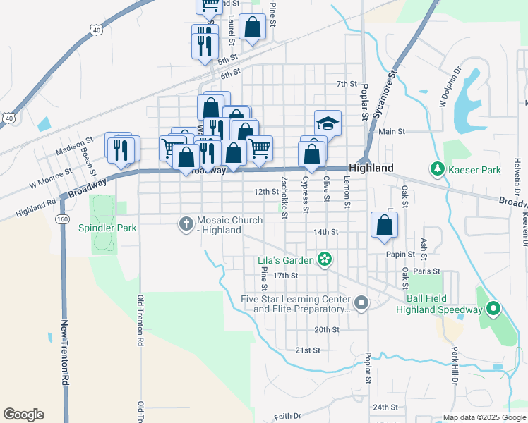 map of restaurants, bars, coffee shops, grocery stores, and more near 1101 13th Street in Highland