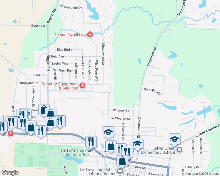 map of restaurants, bars, coffee shops, grocery stores, and more near 202 Red Bird Street in Troy