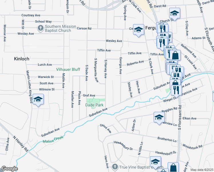 map of restaurants, bars, coffee shops, grocery stores, and more near 323 Jean Avenue in Ferguson
