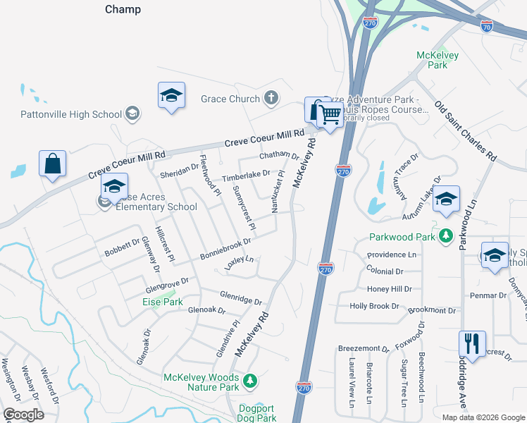map of restaurants, bars, coffee shops, grocery stores, and more near 12124 Sunnycrest Place in Maryland Heights