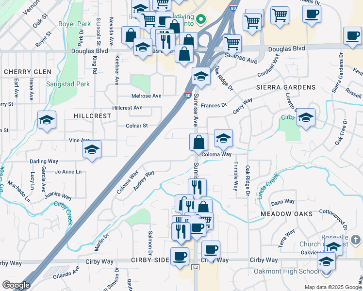 map of restaurants, bars, coffee shops, grocery stores, and more near 1148 Conroy Lane in Roseville