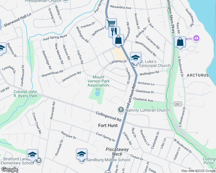 map of restaurants, bars, coffee shops, grocery stores, and more near 8050 Fairfax Rd in Alexandria