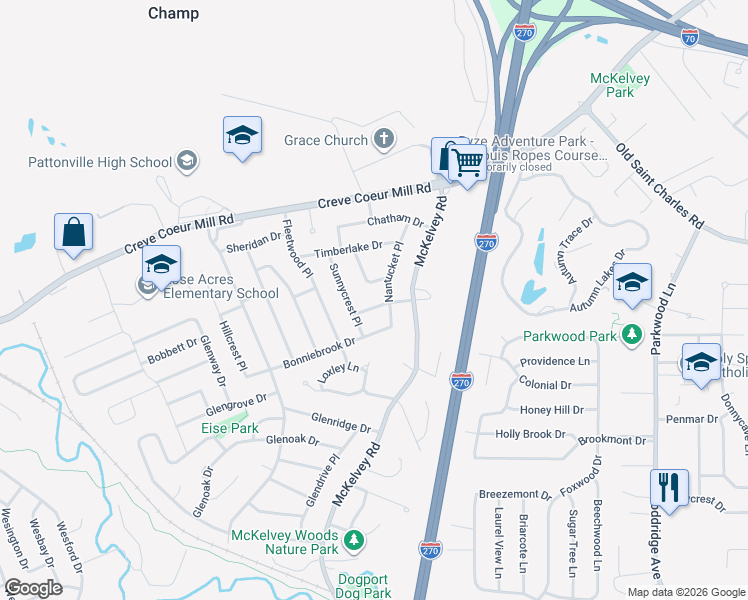map of restaurants, bars, coffee shops, grocery stores, and more near 12124 Sunnycrest Place in Maryland Heights