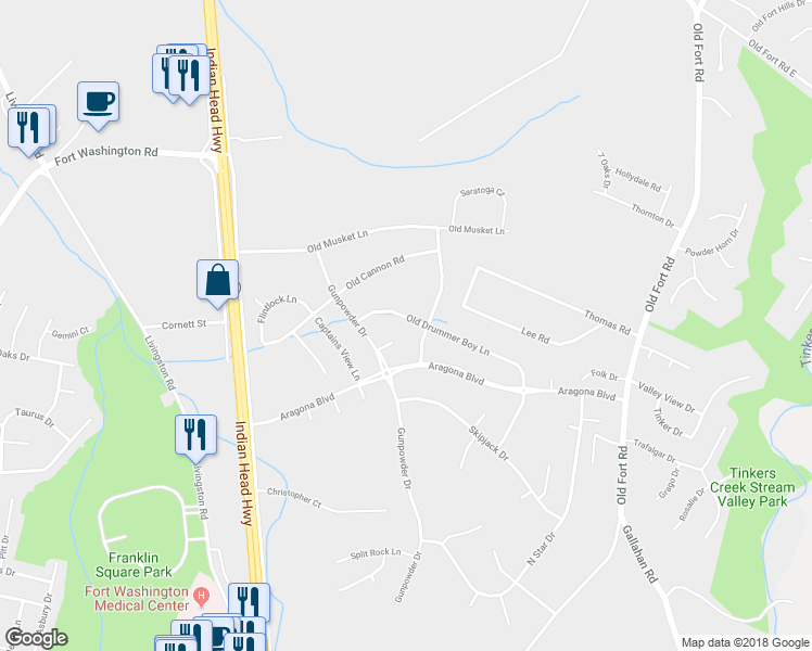 map of restaurants, bars, coffee shops, grocery stores, and more near 1401 Old Drummer Boy Lane in Fort Washington