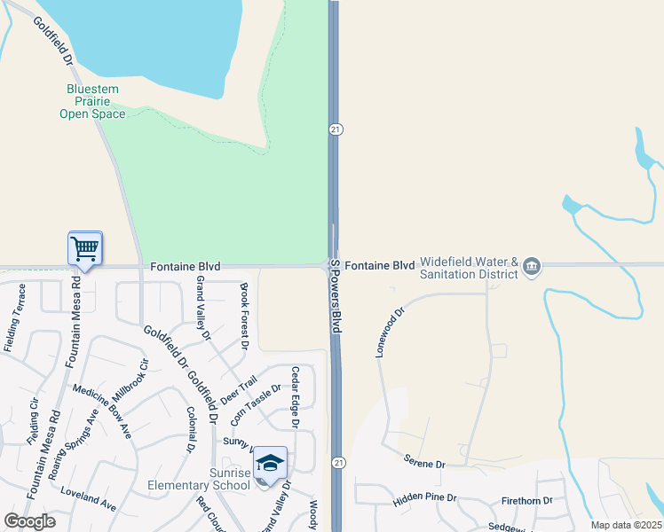 map of restaurants, bars, coffee shops, grocery stores, and more near S Powers Blvd & Fontaine Blvd in Colorado Springs