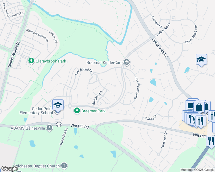 map of restaurants, bars, coffee shops, grocery stores, and more near 12375 Fife Ness Court in Bristow