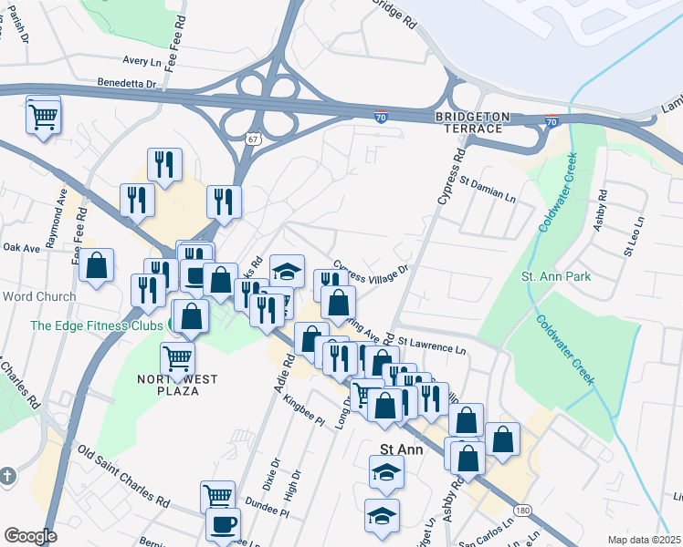 map of restaurants, bars, coffee shops, grocery stores, and more near 11346 Cypress Village Drive in Bridgeton