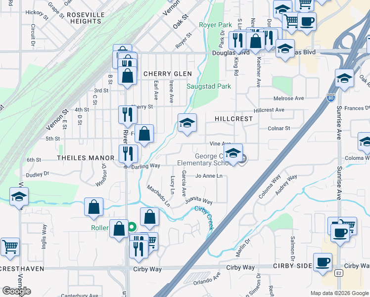map of restaurants, bars, coffee shops, grocery stores, and more near 502 Vine Way in Roseville