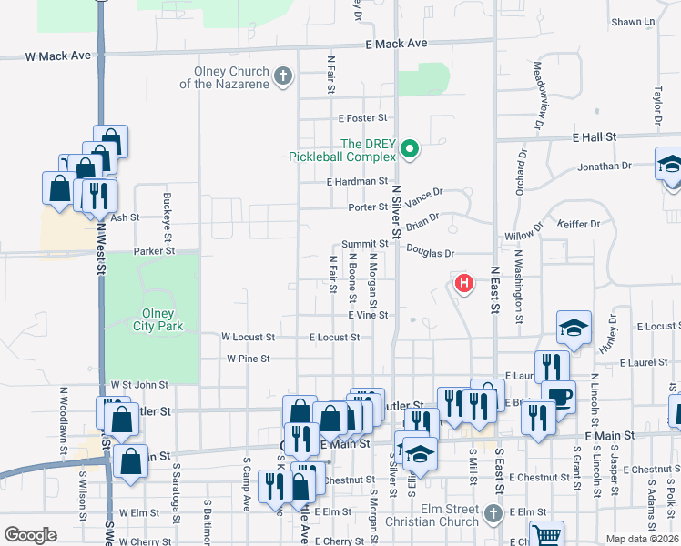 map of restaurants, bars, coffee shops, grocery stores, and more near 801-899 North Boone Street in Olney