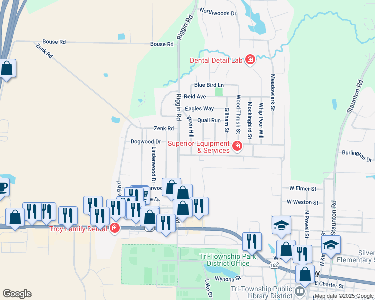 map of restaurants, bars, coffee shops, grocery stores, and more near 502 Wren Hill in Troy