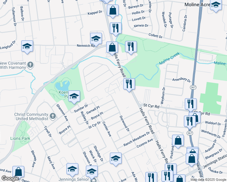 map of restaurants, bars, coffee shops, grocery stores, and more near 9243 Hemis Fair Drive in St. Louis