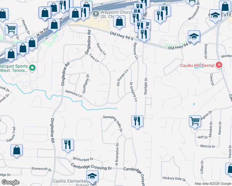 map of restaurants, bars, coffee shops, grocery stores, and more near 1409 De Porres Lane in Saint Charles