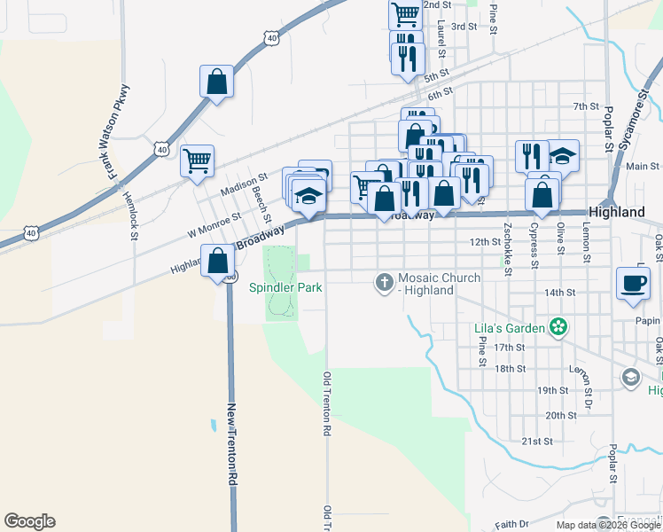 map of restaurants, bars, coffee shops, grocery stores, and more near 503 13th Street in Highland