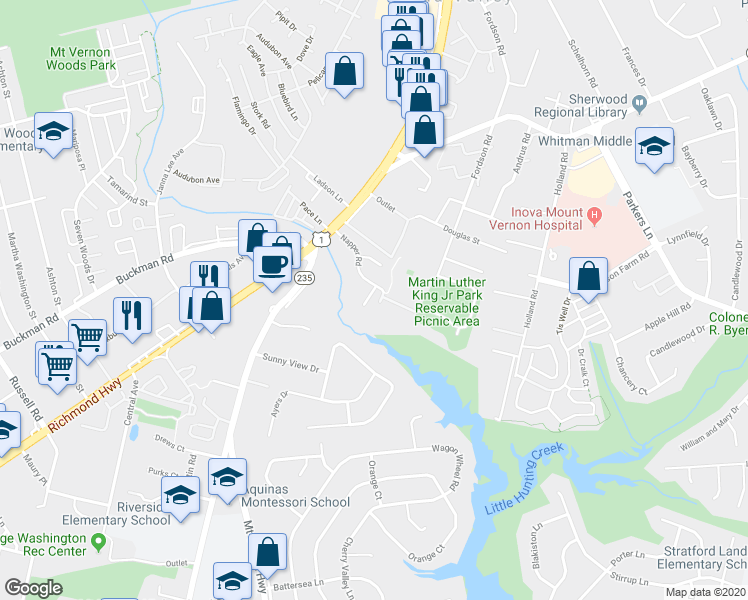 map of restaurants, bars, coffee shops, grocery stores, and more near 3206 Shaw Park Court in Alexandria