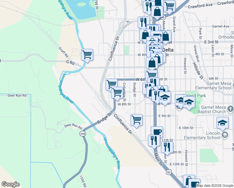 map of restaurants, bars, coffee shops, grocery stores, and more near 701 Silver Street in Delta
