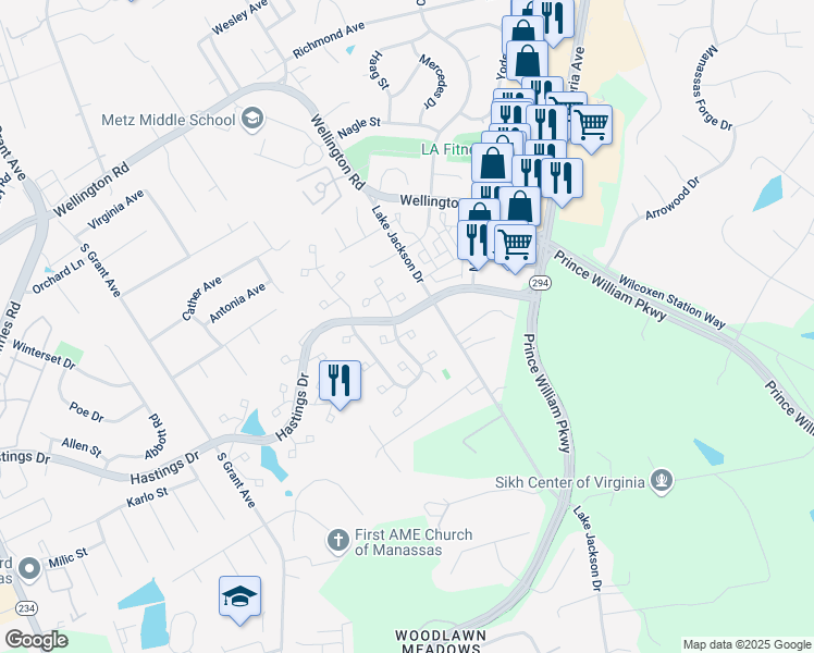 map of restaurants, bars, coffee shops, grocery stores, and more near 10203 Racquet Circle in Manassas