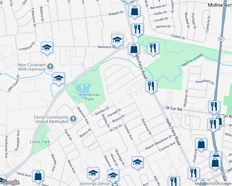 map of restaurants, bars, coffee shops, grocery stores, and more near 2034 Sun Valley Drive in Saint Louis