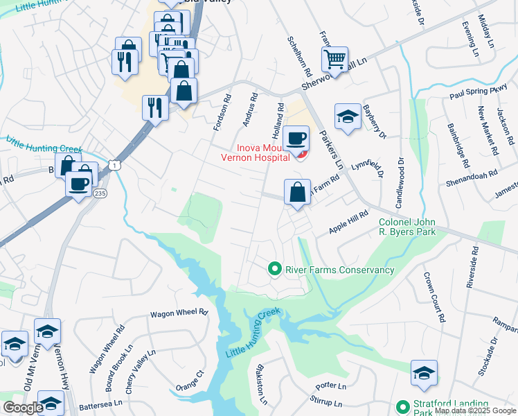 map of restaurants, bars, coffee shops, grocery stores, and more near Holland Road in Alexandria