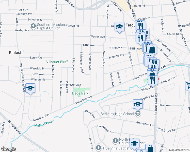 map of restaurants, bars, coffee shops, grocery stores, and more near 323 Jean Avenue in Ferguson