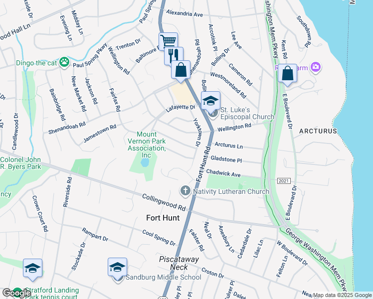 map of restaurants, bars, coffee shops, grocery stores, and more near 8042 Washington Road in Alexandria
